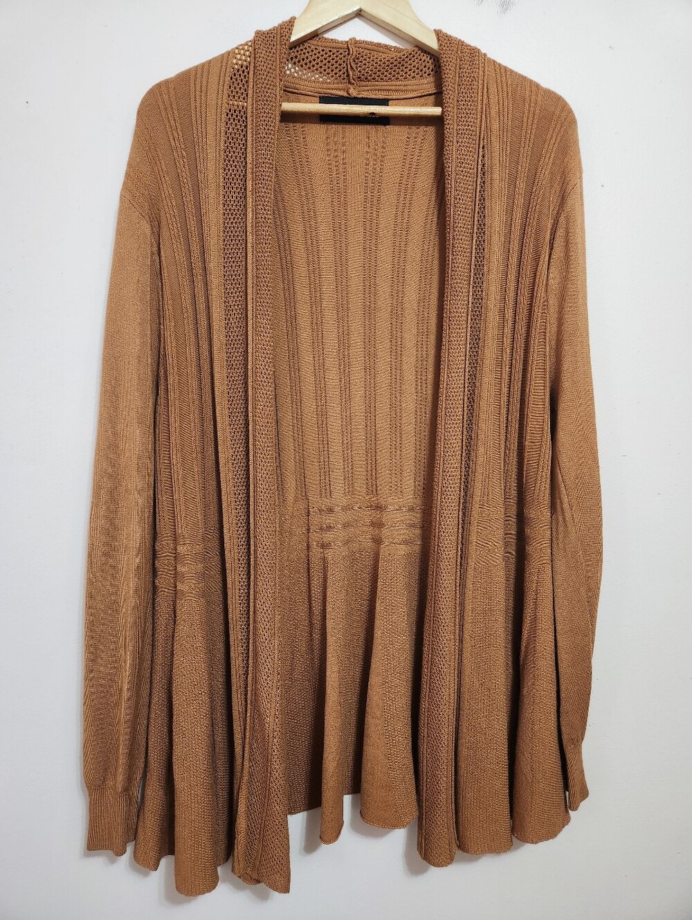Cherie Bliss Camel Ribbed Peplum Open Front Cardigan Pointelle Crochet Trim M/L